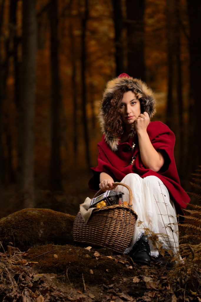 Femme habillée petit chaperon rouge est assise sur un tronc d'arbre avec son panier à la main
